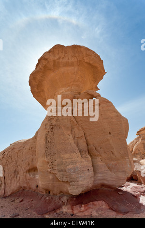 Pilz-Felsen in der Wüste Wadi Rum, Jordanien Stockfoto
