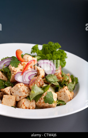 Eine frisch zubereitete thailändische Speisen rühren braten Gericht mit Tofu roten Zwiebeln und Paprika auf einem runden weißen Teller präsentiert. Stockfoto