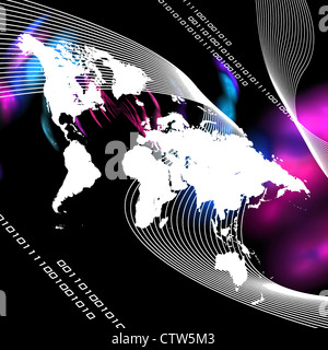 Eine Welt-Karte-Montage mit Binär-Code. Dieses Bild funktioniert gut für Business-Internet-Kommunikation und vieles mehr. Stockfoto
