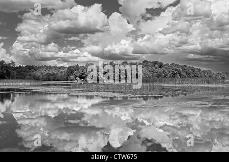 Schwarz / weiß Wolken über Cobbossee See Litchfield Maine. Stockfoto