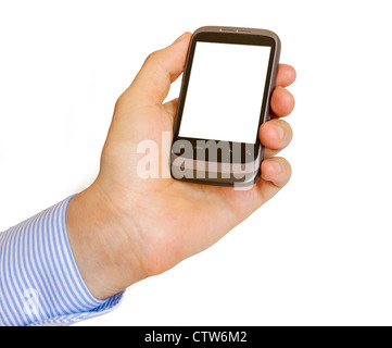 Hand, die mobile Smartphone mit unbelegten Schirm isoliert auf weiß Stockfoto