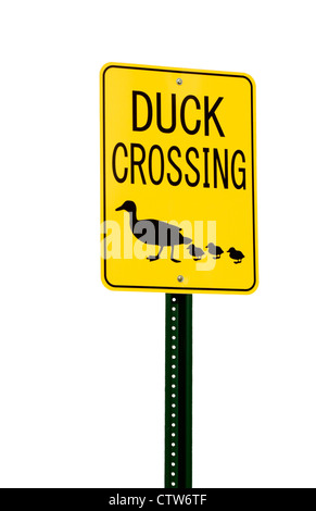 Gelbe Ente Crossing Verkehr oder auf der Straße Sign. isolierten auf weißen Hintergrund mit Textfreiraum Stockfoto