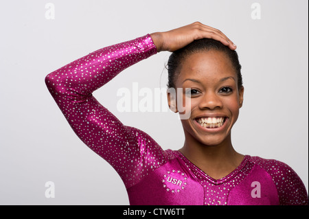 Weibliche Goldmedaille Sieger Turnerin Gabby Douglas nahm Mehrkampf Einzel-Gold und Team Gold am 2. August in der Frauen Gymnastik. Stockfoto