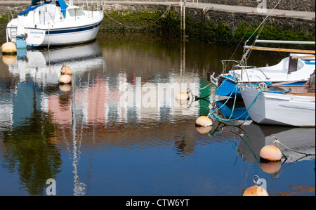 Aberaeron Hafen bunt bemalten Häusern, Booten und Bojen spiegelt sich im Wasser Ceredigion Mid Wales UK Stockfoto