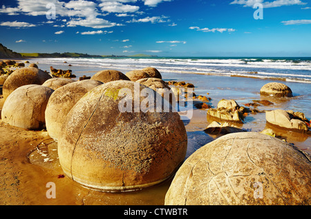 Berühmte Moeraki Boulders, Südinsel, Neuseeland Stockfoto