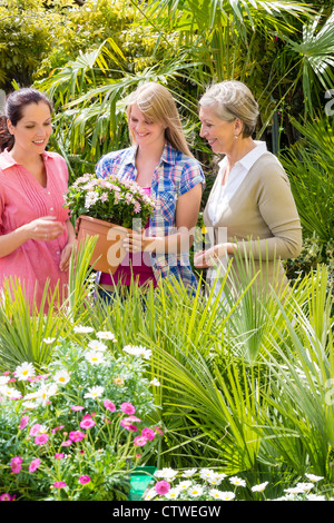 Drei Frauen einkaufen Topfpflanzen Blumen im Gartencenter grüne Haus Stockfoto