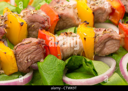 Schweinefleisch Kebabs oder Souvlaki, serviert auf einem Bett von Salat - Studio gedreht Stockfoto