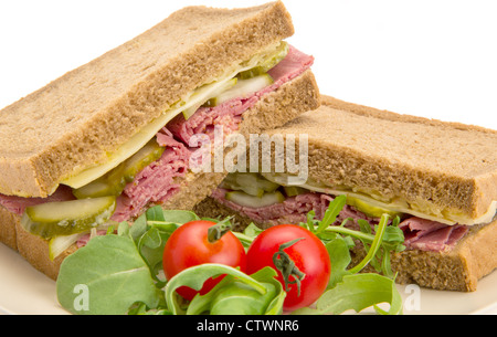 New York Style Pastrami Sandwich auf Roggenbrot - Studio gedreht mit weißem Hintergrund Stockfoto