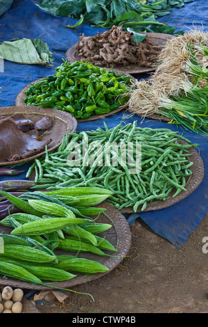 Gurken, Bohnen, Zwiebeln, Paprika und Ingwer zum Verkauf auf dem YWAMA Markt auf dem Weg nach INDEIN - INLE-See, MYANMAR Stockfoto