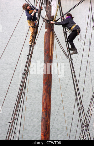 Zwei Matrosen Spitze des Mastes Dennis Sullivan Schooner Segelboot Milwaukee Port Wisconsin Stockfoto