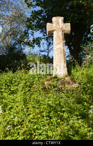 Einem Wegkreuz neben einer Devonshire-Gasse in der Nähe von North Bovey, Devon, UK Stockfoto