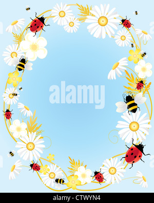 zur Veranschaulichung der Sommer floralem Design mit Marienkäfer und Bienen auf einem blassen blauen Hintergrund in eine Grußkarte-format Stockfoto