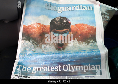 Titelseite der Zeitung 2012 London Olympics Guardian headline "The Greatest Olympian" Michael Phelps London England UK Stockfoto