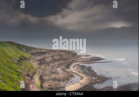 Eine Seenlandschaft des Yorkshire coast Looking in Richtung der alten Nab zwischen Staithes und Port Mulgrave an der Küste von North Yorkshire. Stockfoto