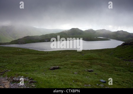 Beregnung Tarn, im Lake District, mit einem am frühen Morgen Mantel von niedrigen Wolken Stockfoto