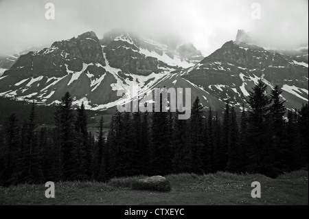 Blick auf Berge Ridge in schwarz und weiß im Jasper National Park Stockfoto