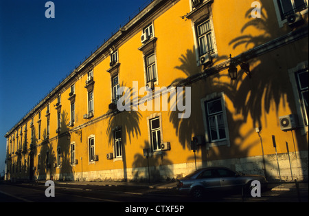 Palmen, die Schatten auf einem gelben Gebäude, Alfama Viertel, Lissabon, Portugal Stockfoto