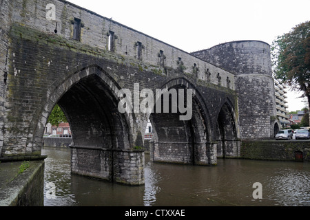 Die "Pont des Trous" Bridge (ein 13. Jahrhundert Wasser) auf der Schelde in Tournai, Hennegau, Belgien. Stockfoto