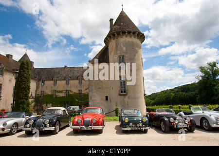 Sport Autos vor der Burg Savigny-Lès-Beaune. Frankreich Stockfoto