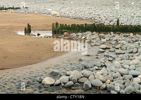 Steinen und alten hölzernen Buhne am Strand - Westward Ho, Devon, England. Stockfoto