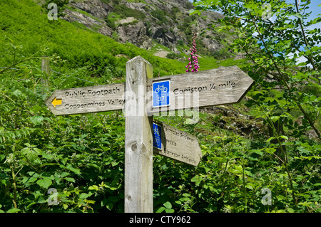 Nahaufnahme des Hinweisschildes für öffentliche Fußwege und Radwege im Sommer Coniston Cumbria Lake District National Park England Großbritannien Großbritannien Stockfoto