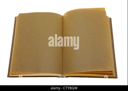 Altes Buch mit leeren Seiten isoliert auf weißem Hintergrund geöffnet Stockfoto