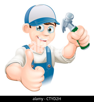 Darstellung der glückliche Handwerker, Baumeister, Bauarbeiter oder Tischler in Arbeitskleidung hält einen Hammer und Daumen aufgeben Stockfoto