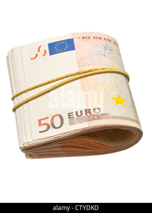 50-Euro-Banknoten unter Gummiband Stockfoto