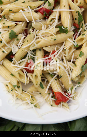 Eine Portion Penne-Nudeln mit Olivenöl und Kräutern Stockfoto