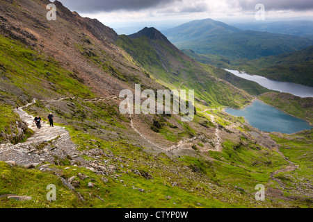 Blick von Pyg Track über Glaslyn und Llyn Sheetrim, Snowdonia-Nationalpark, Wales Stockfoto