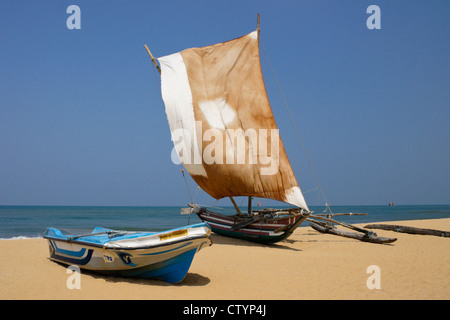 Ausleger Fischerboot (Oru) und Boot am Strand, Negombo, Sri Lanka Stockfoto