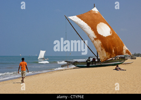 Ausleger-Fischerboot (Oru) am Strand, Negombo, Sri Lanka Stockfoto