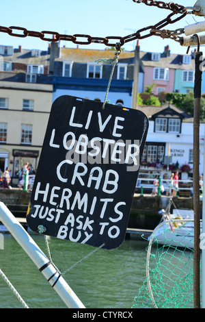 Weiterleben Sie Hummer-Krabben-Zeichen Angeln Boot, alten Hafen, Weymouth, Dorset, England, Vereinigtes Königreich Stockfoto