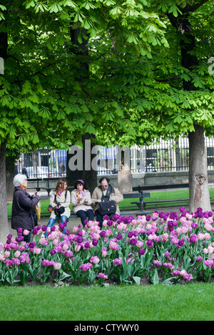 Menschen genießen im Vorfrühling im Jardin du Luxembourg, Paris, Frankreich Stockfoto