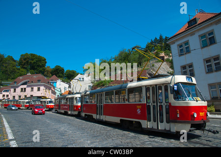 Straßenbahnen auf Klarov Straße außerhalb Metrostation Malostranska Mala Strana das kleine Viertel Prag Tschechische Republik Europa Stockfoto