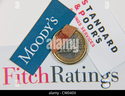 Eine "Verletzte" oder "beschädigt" oder "verwundet" ein-Euro-Münze mit dem Logos für die drei Rating-Agenturen hinter. Stockfoto