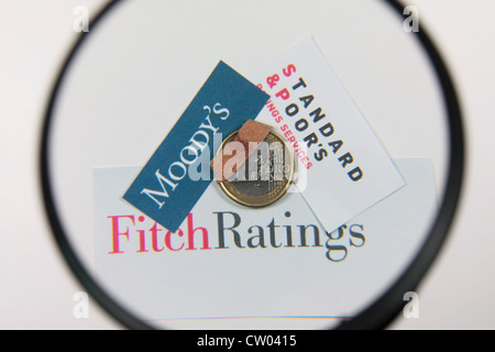 Ein "verletzten", "beschädigt" oder "verwundet" ein-Euro-Münze unter einem Vergrößerungsglas mit den Logos für die drei Rating-Agenturen. Stockfoto