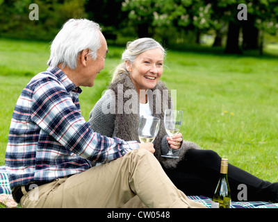 Älteres Ehepaar Weintrinken bei Picknick Stockfoto