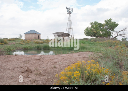 Einem verlassenen Bauernhaus und Windmühle in stinkende Federn stehen nahe der Stelle, wo Billy the Kid gefangen genommen wurde. Stockfoto