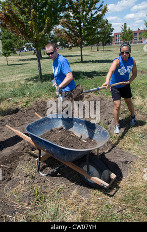 Detroit, Michigan - Praktikanten aus Blue Cross Blue Shield of Michigan arbeiten als Freiwillige, die helfen, um einen Gemeinschaftsgarten zu schaffen. Stockfoto