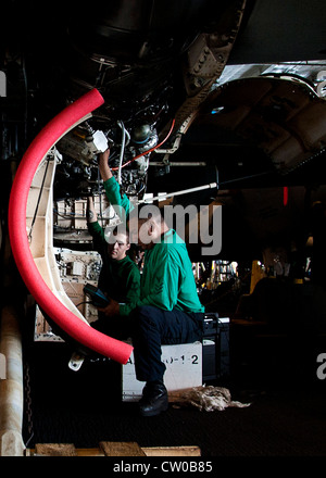 Aviation Machinist's Mate 1. Klasse Vishan Ramnauth, aus Long Beach, N.Y., und Aviation Machinist's Mate 3. Klasse Alexander Iverson, aus Katanning, Australien, zugewiesen an die Checkmates of Strike Fighter Squadron (VFA) 211, führen Sie eine interne Motorinspektion an einem F/A-18F Super Hornet an Bord des Flugzeugträgers USS Enterprise (CVN 65). Enterprise wird in den 5. Zuständigkeitsbereich der US-Flotte eingesetzt, um maritime Sicherheitsoperationen, Zusammenarbeit im Bereich der Sicherheit und Unterstützungsmissionen im Rahmen der Operation Enduring Freedom durchzuführen. Stockfoto