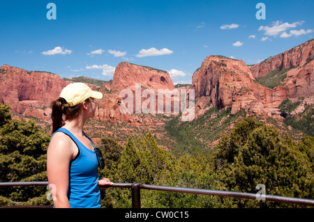 USA-Utah, Frau Wandern und betrachten Landschaft am Kolob Canyons im Zion National Park. Stockfoto