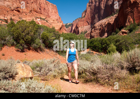 USA-Utah, Frau Wandern und betrachten Landschaft am Kolob Canyons im Zion National Park. Stockfoto