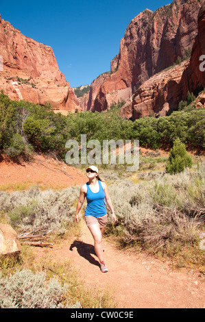 USA-Utah, Frau Wandern und betrachten Landschaft am Kolob Canyons im Zion National Park. Stockfoto