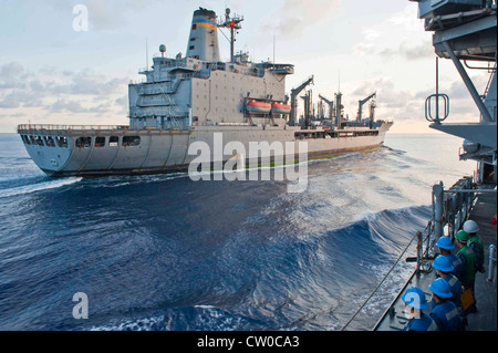 Die Segler an Bord des geführten Raketen-Kreuzers der Ticonderoga-Klasse USS Cape St. George (CG 71) warten, während das Schiff neben dem Militär-Sealift-Kommando-Flottennachschub-Öler USNS Guadalupe (T-AO 200) für eine Nachschub auf See zieht. Cape St. George wird als Teil der Carrier Strike Group (CSG) 9 eingesetzt, die im 6. Zuständigkeitsbereich der US-Flotte zur Unterstützung maritimer Sicherheitsoperationen und der Zusammenarbeit im Bereich der Theatersicherheit tätig ist. Stockfoto