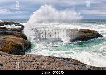 Wellen bei Flut gegen die Basalt Felsen im Ruhestand und Oregons zentralen Küste. Stockfoto
