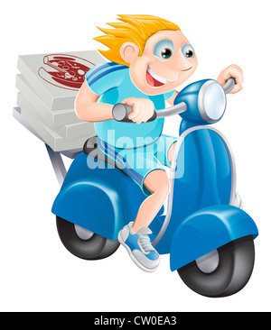 Ein Cartoon Pizzamann Pizza auf seinem Moped Motorrad zu liefern. Stockfoto