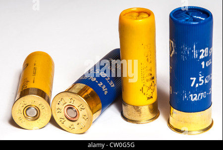 Zwölf trug - blau und zwanzig bore - gelb, Schuss Gewehr-Patronen auf weißem Hintergrund Stockfoto