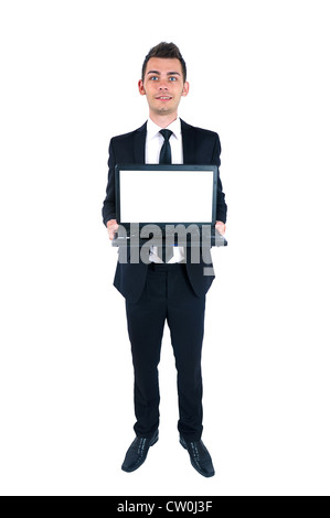 Isolierte junger Geschäftsmann Laptop präsentieren Stockfoto