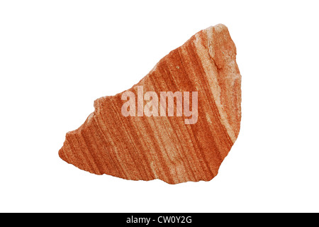 Ferruginöser roter Sandstein, laminiert; Handprobe aus klastischem Sedimentgestein, Schottland, Vereinigtes Königreich. Stockfoto